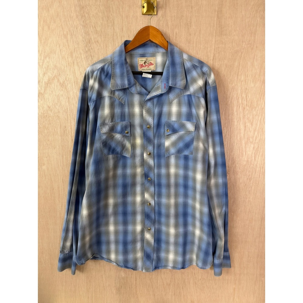 Wrangler Mens Blue Plaid Western Snap Shirt 2XLT Tall Long Sleeve MV1290M